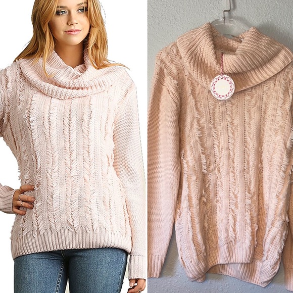 Umgee Sweaters - Umgee Sweater Peach Pink Cowl Neck Eyelash Fringe Tunic Length Womens Large New